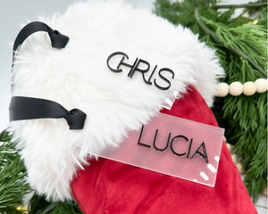 Stocking Name Tags in Acrylic and Wood for Christmas, Custom Name